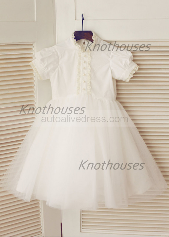 Short Sleeves Ivory Cotton Tulle Flower Girl Dress